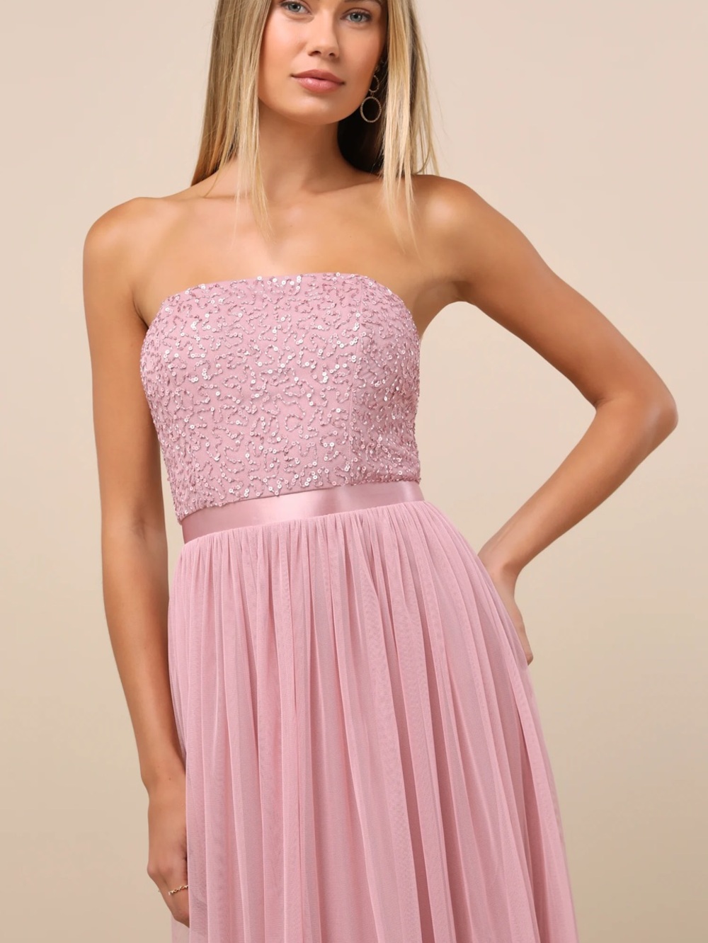 New Lulus Mauve Sequin Tulle Dress Sz Medium - Picture 5 of 13